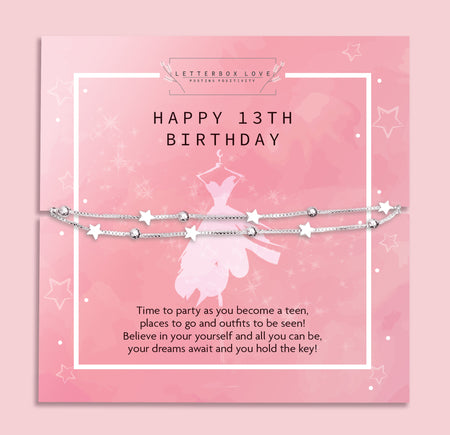 A pink themed 13th birthday card with a 'Happy 13th Birthday' greeting, adorned with silver starry chains. A cute milestone birthday bracelet.