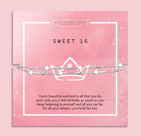 SWEET 16' bracelet adorned with star charms and delicate beads, presented on a pink card with an encouraging message for a 16th birthday.