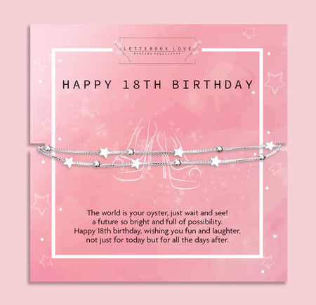 Letterbox Love 18th birthday bracelet gift – silver star and bead charm bracelet on a pink keepsake card with inspirational birthday message. A meaningful and affordable jewellery gift for her 18th, perfect for daughter, sister, or best friend’s milestone celebration, delivered straight through the letterbox.