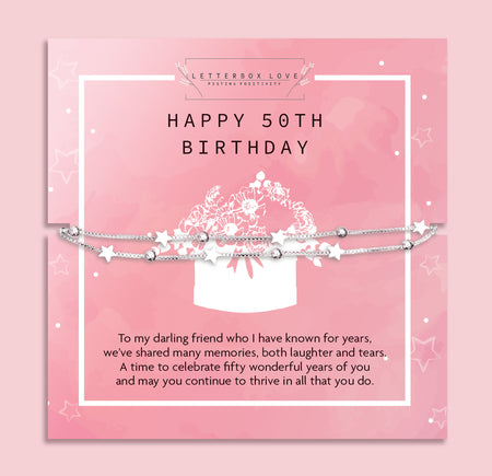 50th birthday poem card with bracelet design on a pink background, a gift for under £20