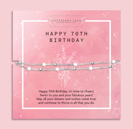 Letterbox Love 70th birthday bracelet gift for her – beautiful silver star and bead bracelet on a pink keepsake card with a heartfelt birthday message, perfect jewellery present for mum, nan, or friend celebrating a milestone.