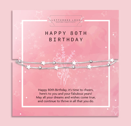 Letterbox Love 80th birthday bracelet gift for her – elegant silver star bracelet on a pink card with heartfelt message, perfect keepsake present for milestone celebrations. Affordable jewellery for a birthday.