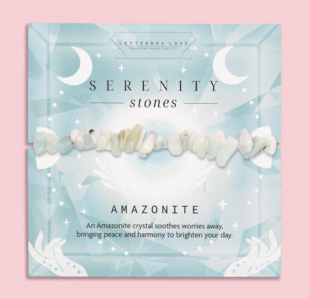 Serenity Stones Amazonite crystal chip Bracelet - Calming and soothing crystal bracelet featuring Amazonite stones for peace and harmony, beautifully packaged in a celestial-themed card