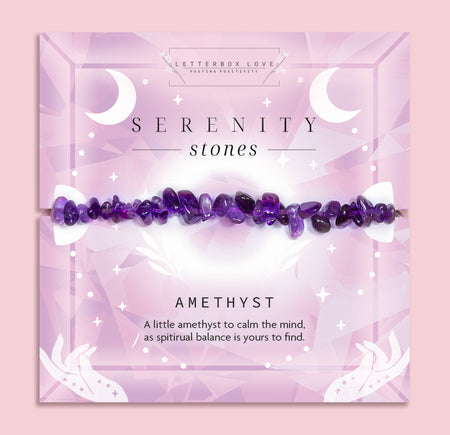 Amethyst crystal chip bracelet on a soft purple Serenity Stones card by Letterbox Love. Features deep violet Amethyst stones, known for calming the mind and supporting spiritual balance. A peaceful and thoughtful crystal gift for her, perfect for relaxation and emotional clarity.