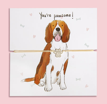 Paw print bracelet gift on illustrated card featuring a cute Beagle and 'You're pawsome!' message – perfect jewellery gift for dog mums and Beagle lovers.