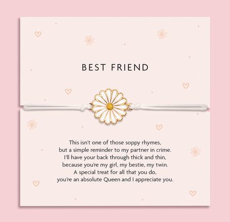 Best Friend daisy charm bracelet on a blush pink card featuring a heartfelt poem, perfect gift for showing appreciation to your closest friend.