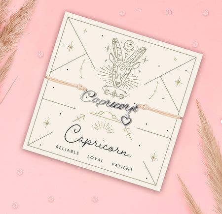 Capricorn friendship bracelet on a meaningful zodiac poem card with pampus grass decoration. A bracelet under £20 for a Capricorn Birthday.
