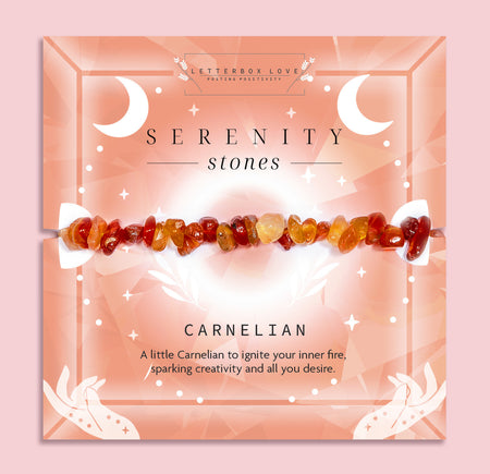 Carnelian crystal chip bracelet on a warm orange Serenity Stones card by Letterbox Love. Made with vibrant red and orange Carnelian stones, this energy bracelet promotes creativity, passion, and confidence. A meaningful spiritual gift for her and a beautiful piece of mindfulness jewellery.