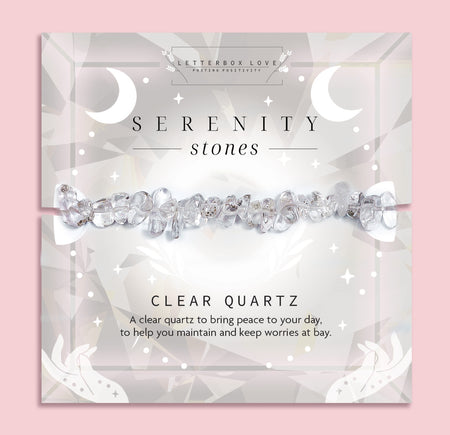Clear Quartz crystal chip bracelet on a light grey Serenity Stones card by Letterbox Love. Features translucent clear quartz stones known for calming energy and mental clarity. A peaceful and protective spiritual bracelet gift for her, perfect for mindfulness and stress relief.