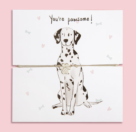 Paw print bracelet gift on illustrated card featuring a cute Dalmation and 'You're pawsome!' message – perfect jewellery gift for dog mums and Dalmation lovers.