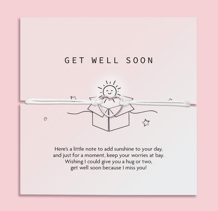 Get well soon poem card with a heart friendship bracelet on a pink background. A cute gift to wish someone well.