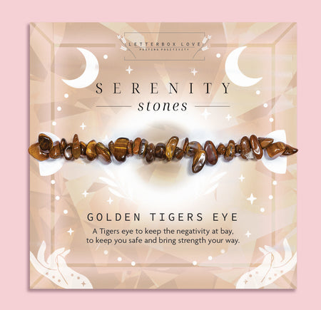 Golden Tiger’s Eye crystal chip bracelet on a soft golden-brown Serenity Stones card by Letterbox Love. Made with polished Tiger’s Eye stones, this bracelet is designed to protect against negativity and boost courage and inner strength. Ideal as a spiritual gift or wellbeing accessory for her.