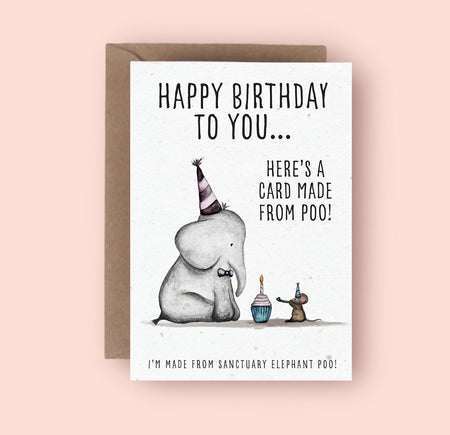 Happy Birthday card featuring an elephant and a mouse. The elephant, Letty, is wearing a party hat and looking at a cupcake with a lit candle, held by the mouse, Pinky, who is also in a party hat. The card reads, 