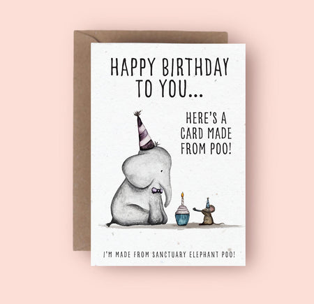 Happy Birthday card featuring an elephant and a mouse. The elephant, Letty, is wearing a party hat and looking at a cupcake with a lit candle, held by the mouse, Pinky, who is also in a party hat. The card reads,