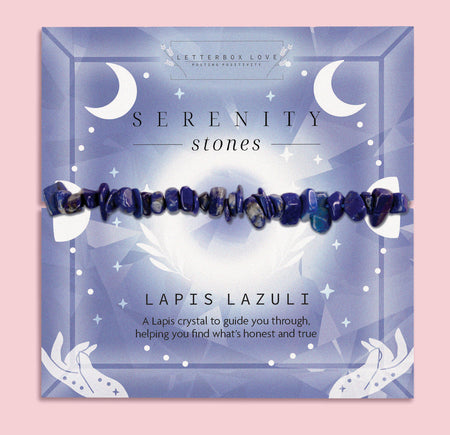 Lapis Lazuli Serenity Stones bracelet featuring blue crystal chips, placed on a celestial-themed card with the words
