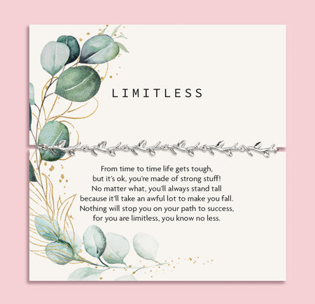 Motivational card with heartfelt jewellery for her, with floral design and inspirational message on a pink background. A pretty silver-plated vine bracelet makes an encouraging gift for women