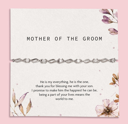 Bracelet on a card for 'Mother of the Groom' with floral design, silver-plated wedding bracelet under £20, perfect gift for a bridal party