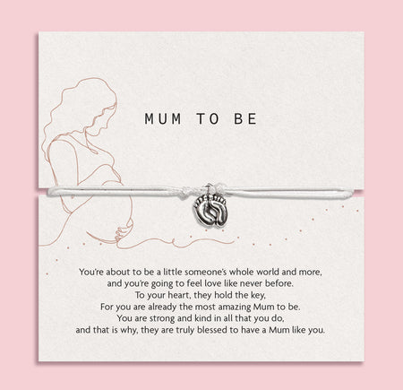 Bracelet with baby feet charm on a card for 'Mum to Be' with text and Letterbox Love branding. A cute bracelet for a Mum to Be