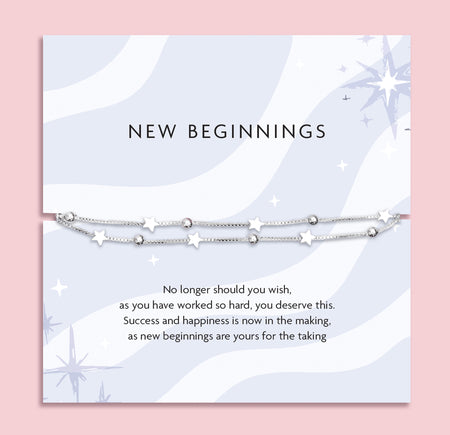 Silver star and bead bracelet displayed on a pastel backing card with the message
