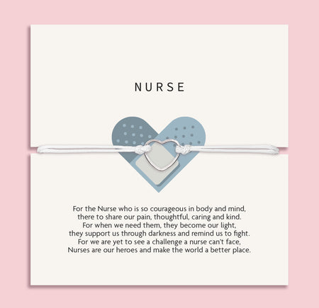 White bracelet with a silver heart-shaped charm showcased on a white 'NURSE' appreciation card with a heartfelt message about their courage and care. An affordable gift to 'Thank You Nurse'.