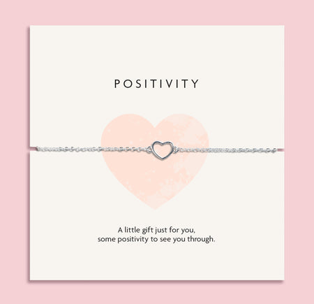 Elegant silver heart-shaped necklace on a 'POSITIVITY' card with the message 'A little gift just for you, some positivity to see you through.