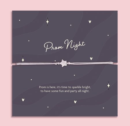Sparkling star charm bracelet on an adjustable pink cord, presented on a prom-themed card with the sentiment