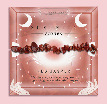 Serenity Stones Red Jasper Bracelet - A grounding crystal chip bracelet made with Red Jasper stones, promoting courage and stability. Beautifully packaged with a celestial-themed card.