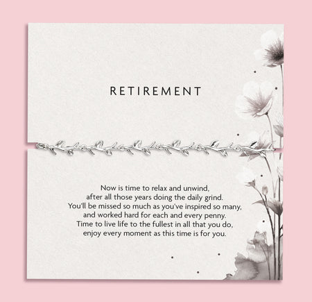 Retirement poem card with floral design and text on a pink background. Silver-plated elegant bracelet under £20 for a friend or colleagues retirement