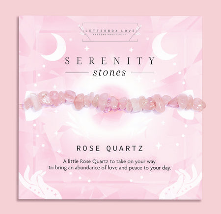 Rose Quartz crystal chip bracelet on a soft pink Serenity Stones card by Letterbox Love. Features delicate pink Rose Quartz stones, known for attracting love, kindness, and emotional healing. A heartfelt spiritual gift for her and a calming accessory for self-love and peace.