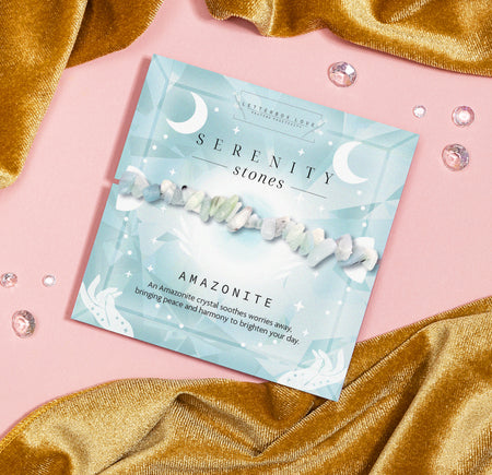 Serenity Stones Amazonite Bracelet - Calming and soothing crystal bracelet featuring Amazonite stones for peace and harmony, beautifully packaged in a celestial-themed card.