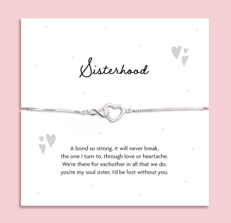 Silver-plated adjustable bracelet with an infinity heart charm, displayed on a white sentiment card titled