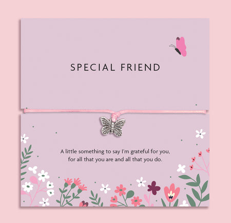Special Friend bracelet with silver butterfly charm on pink cord, displayed on a floral message card with a heartfelt thank you message a thoughtful letterbox gift for her.