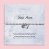 Silver beaded bracelet with a flower and heart charm, presented on a blue floral card with a heartfelt sentiment for a step mum.