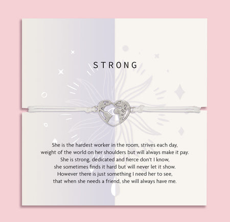 Heart friendship bracelet with heart and map design on a card with motivational text, against a pink background. A gift for a best friend