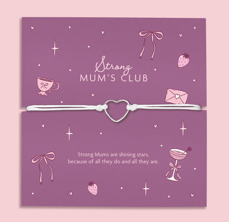 An adjustable friendship bracelet featuring a heart charm, displayed on a purple backing card with the message