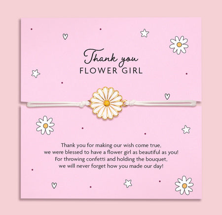 Thank You Flower Girl bracelet with daisy charm on adjustable white cord, displayed with pink background and floral accents, featuring a heartfelt message for flower girls.