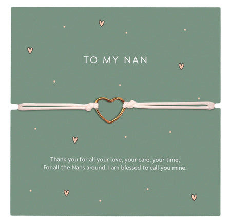 Gold heart charm bracelet on a white adjustable cord with a green card that reads 'To My Nan' and a heartfelt message of love and appreciation for a special Nana.
