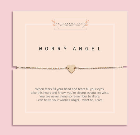 Gold heart-shaped bracelet on a pink card with 'Letterbox Love' branding and text. A Gift to help someone dealing with anxiety