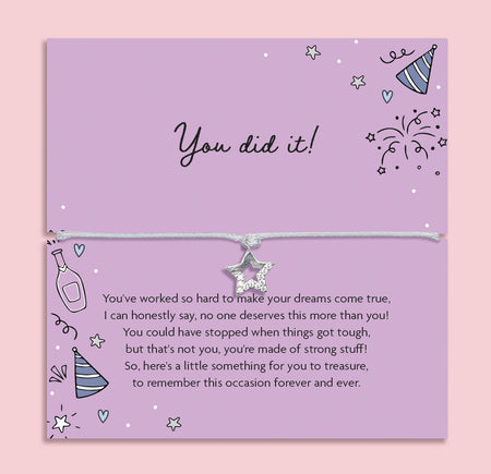 You Did It star charm bracelet on a lilac card with celebration-themed doodles, featuring an uplifting poem , a perfect congratulations gift for her