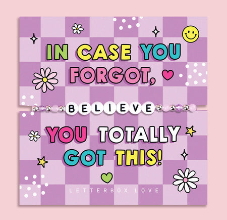 Purple chequered poem card with the bold text saying