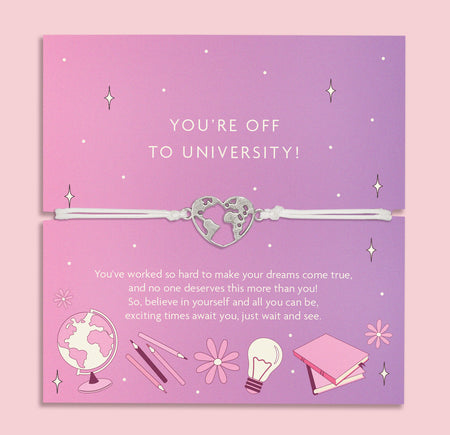 An adjustable bracelet featuring a heart charm with a world map design, displayed on a purple backing card with the message