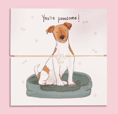 Paw print bracelet gift on illustrated card featuring a cute Jack Russell and 'You're pawsome!' message – perfect jewellery gift for dog mums and jack Russell lovers.
