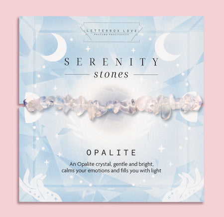 An Opalite crystal chip bracelet with smooth opalite beads on a celestial-themed card, offering good energy, calmness, and emotional healing. Perfect gift for mindfulness, spiritual wellness, and crystal healing enthusiasts