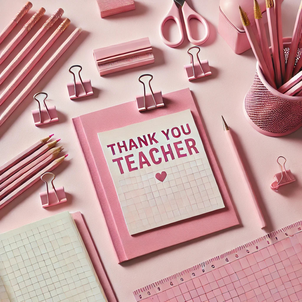 The first image shows a pink-themed school desk with neatly arranged pencils and graph paper. A card saying 