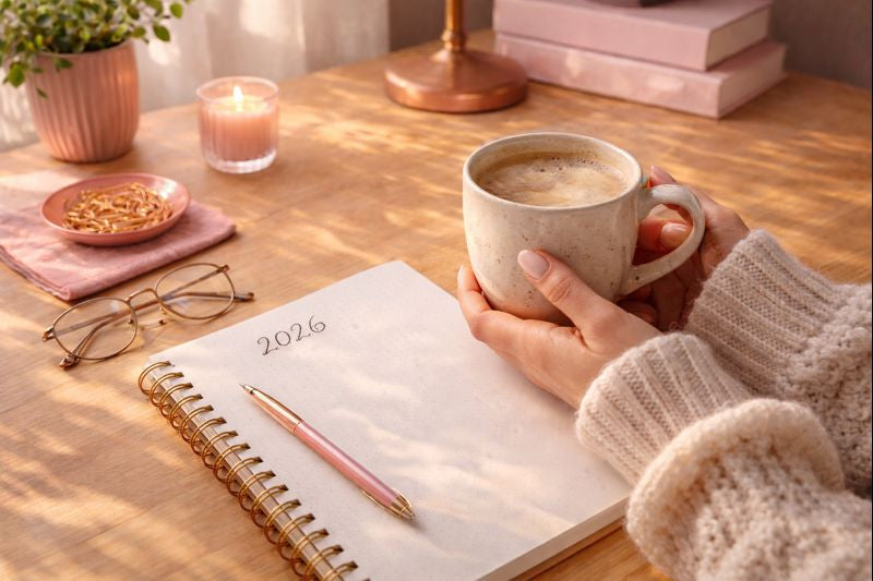 A wooden desk with sunlight on it and a '2026' notebook. There is a woman in a wooly jumper holding a mug of coffee