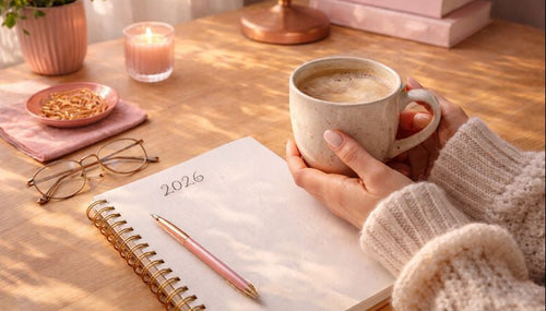 A wooden desk with sunlight on it and a '2026' notebook. There is a woman in a wooly jumper holding a mug of coffee