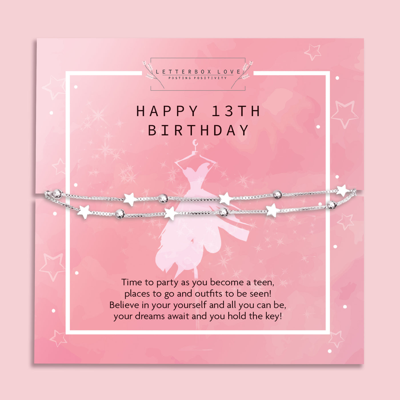 A pink themed 13th birthday card with a 'Happy 13th Birthday' greeting, adorned with silver starry chains. A cute milestone birthday bracelet.