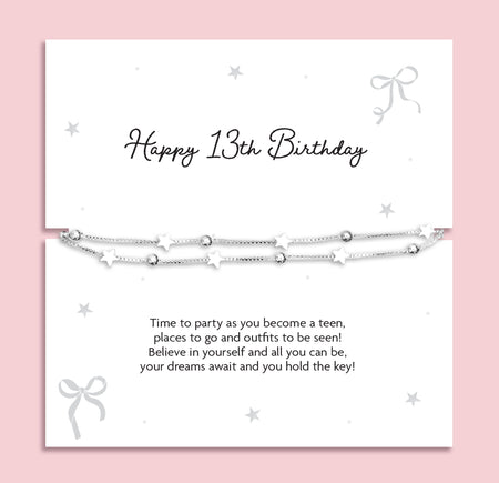 Silver plated double-layer star bracelet with silver bead detailing displayed on a Happy 13th Birthday sentiment card featuring a poem for a new teenager, meaningful milestone birthday gift for girls.