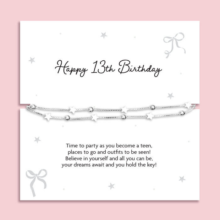 Silver plated double-layer star bracelet with silver bead detailing displayed on a Happy 13th Birthday sentiment card featuring a poem for a new teenager, meaningful milestone birthday gift for girls.