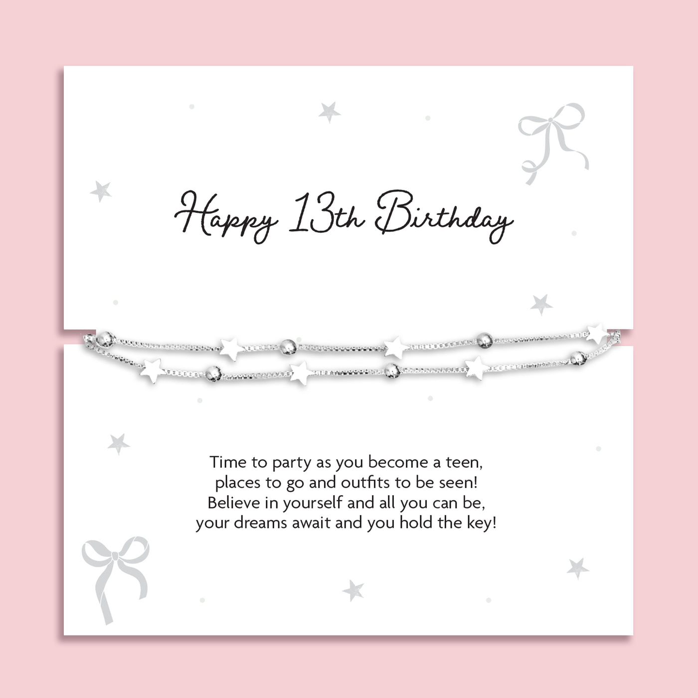 Silver plated double-layer star bracelet with silver bead detailing displayed on a Happy 13th Birthday sentiment card featuring a poem for a new teenager, meaningful milestone birthday gift for girls.